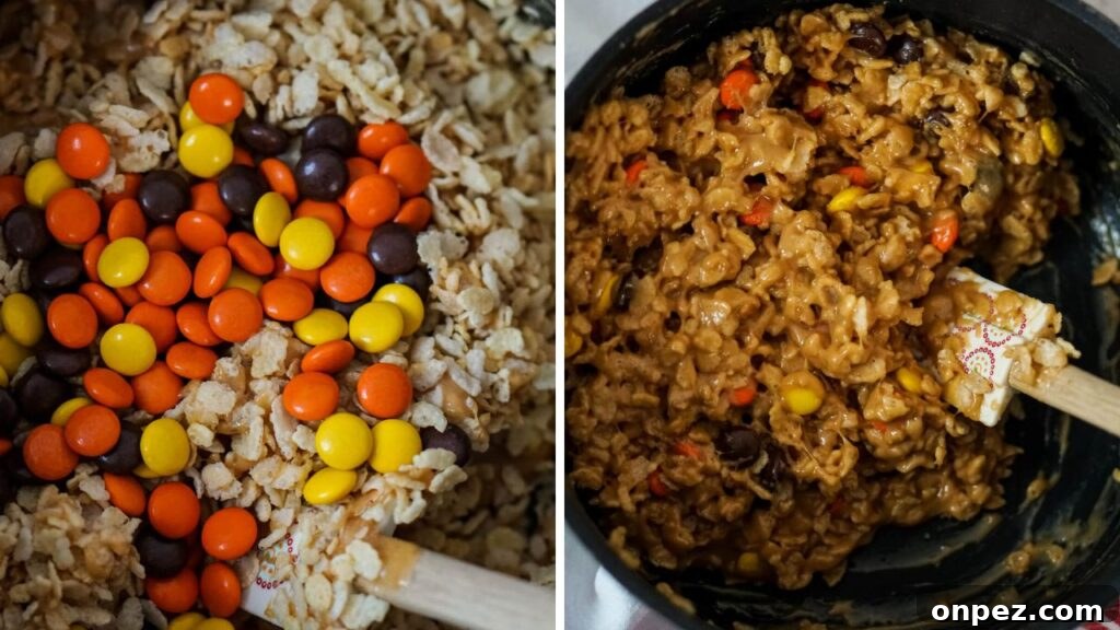 No-Bake Rice Krispies Cookies Recipe 6 Rice Krispies and Reese's pieces are stirred into the smooth mixture.
