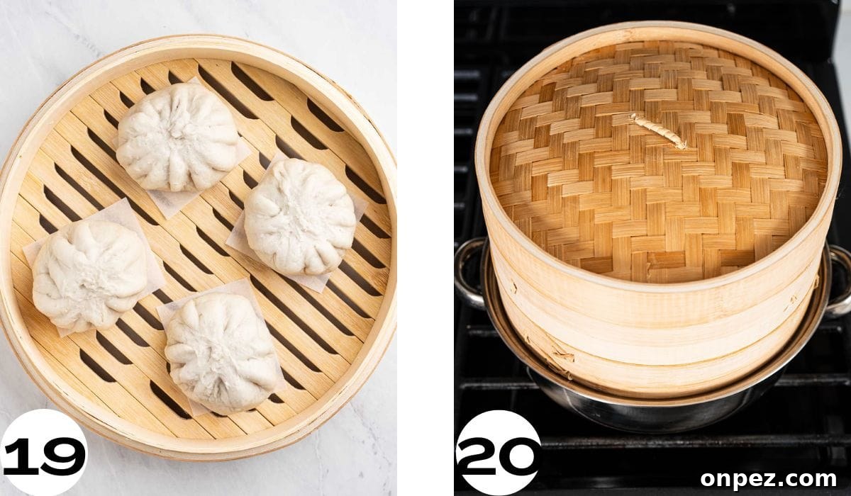 Process of steaming the raw pork buns.