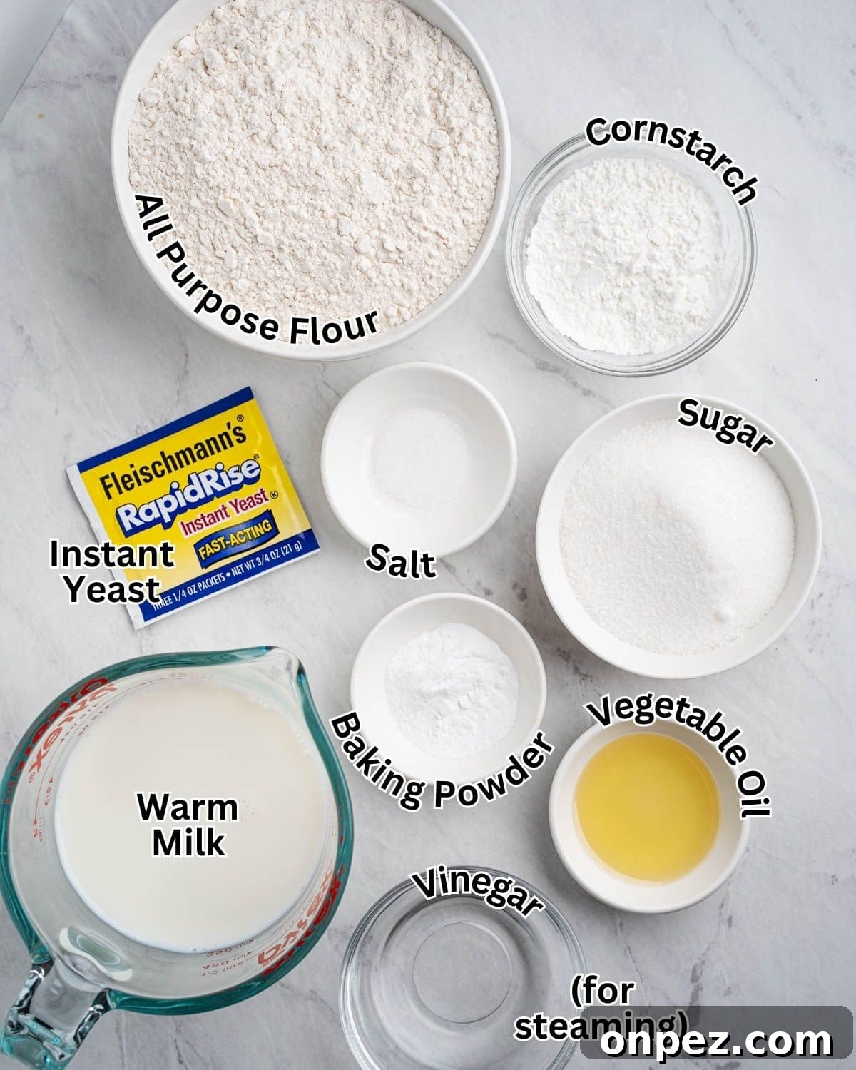 Labeled ingredients for the dough of the steamed buns.