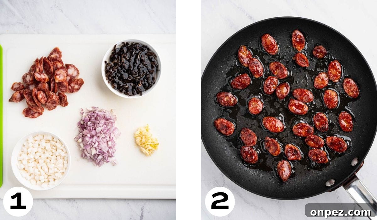 Process of prepping the ingredients and sautéing the Chinese sausages.