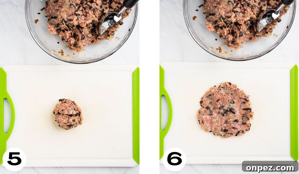 Process of rolling meat filling into balls and flattening them.