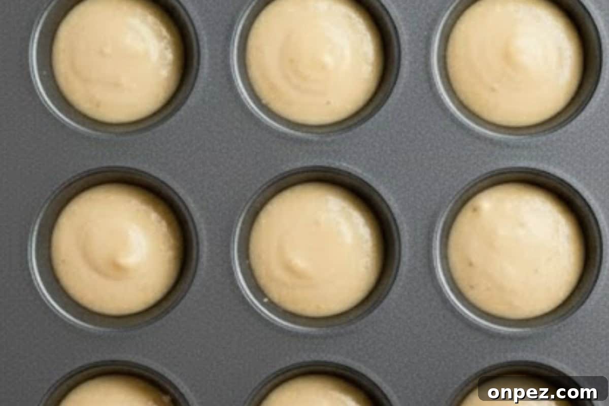 Spoon about 2 teaspoons of batter into each muffin hole, filling them three-quarters.