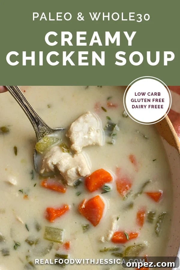 paleo whole30 creamy chicken soup with text