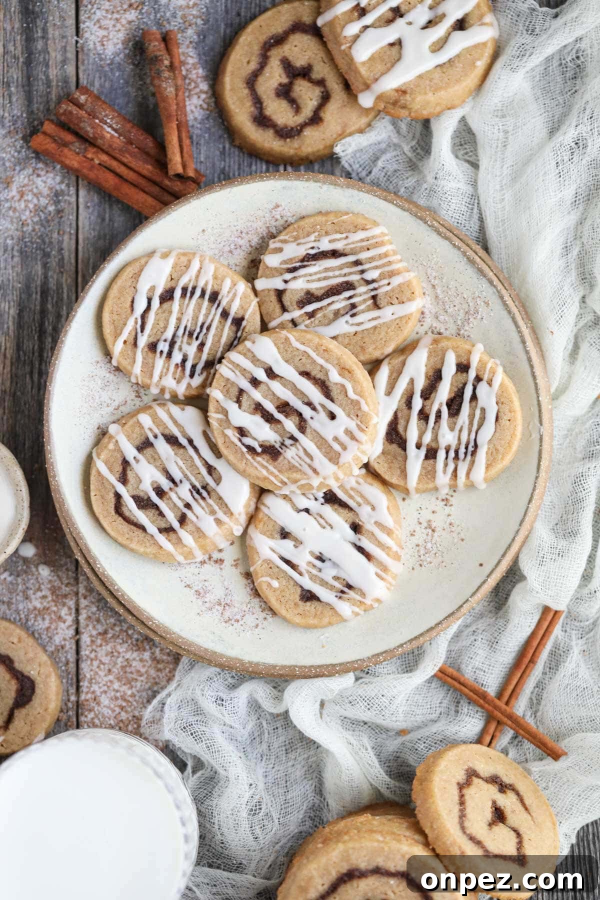 cinnamon roll cookies on a gray plate.