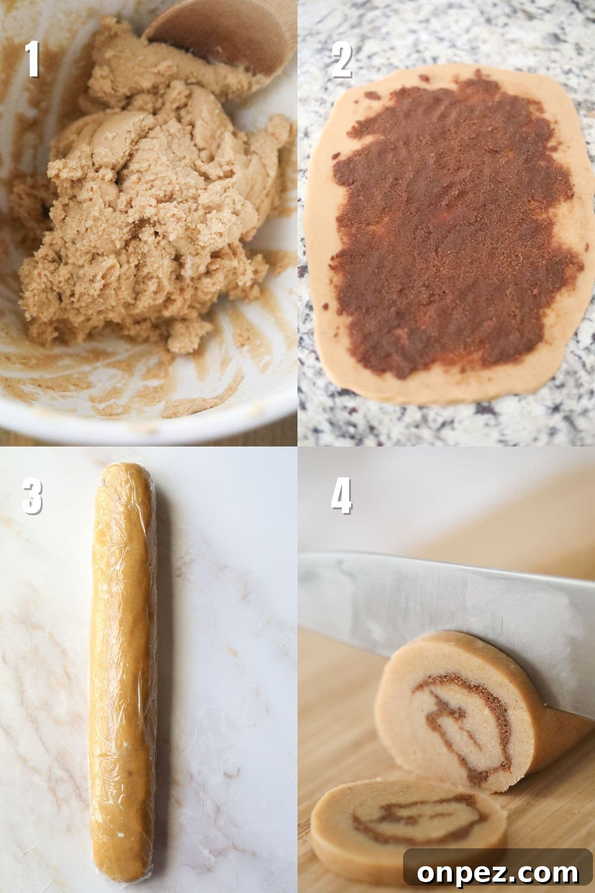 step by step instructions for making cinnamon roll cookies.