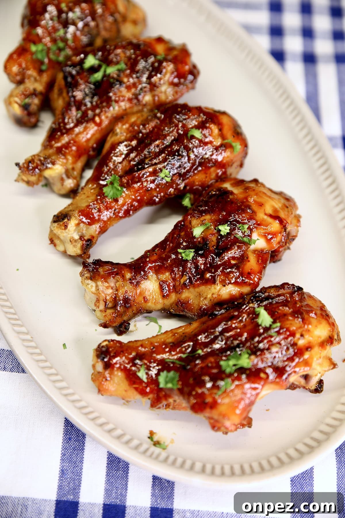 Chicken drumsticks with bbq sauce.