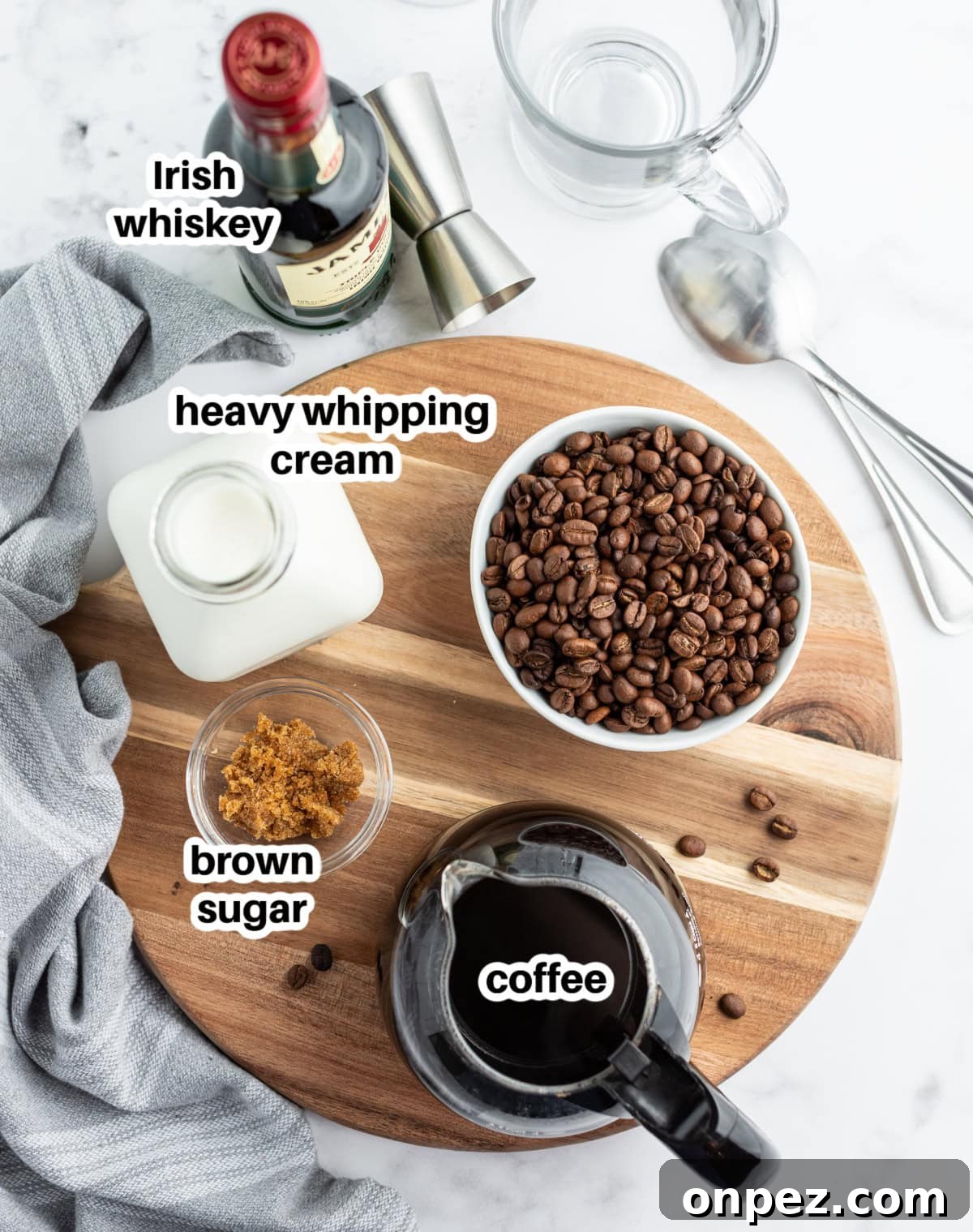 Ingredients for Irish Coffee ingredients displayed for making irish coffee