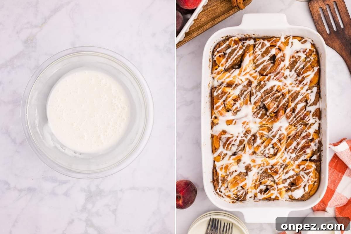 Bowl of icing and pan of baked rolls drizzled with glaze.