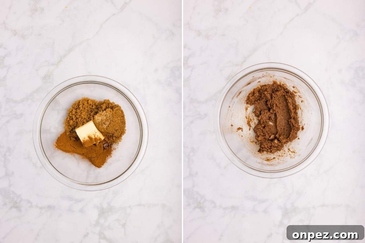 Two photos showing filling ingredients and mixed cinnamon sugar paste.
