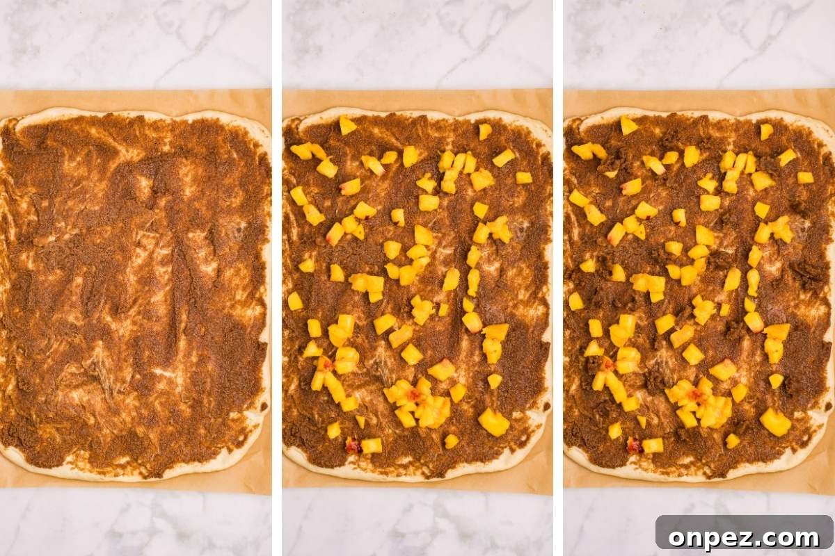 Three stages of dough topped with filling and chopped peaches.