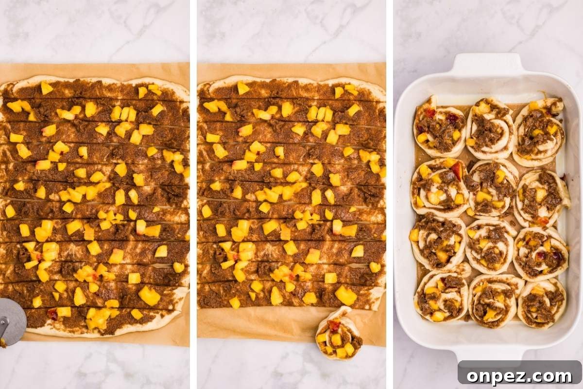 Dough spread with filling, peaches added, and rolls in baking dish.