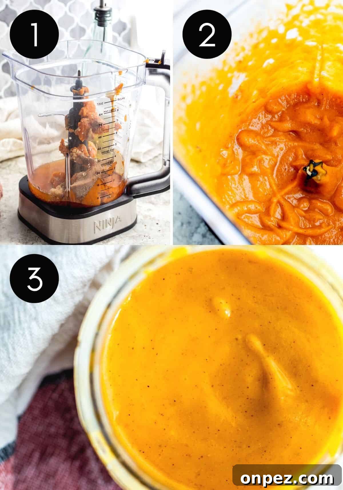 Prep image showing how to make pumpkin dressing with black numbers.