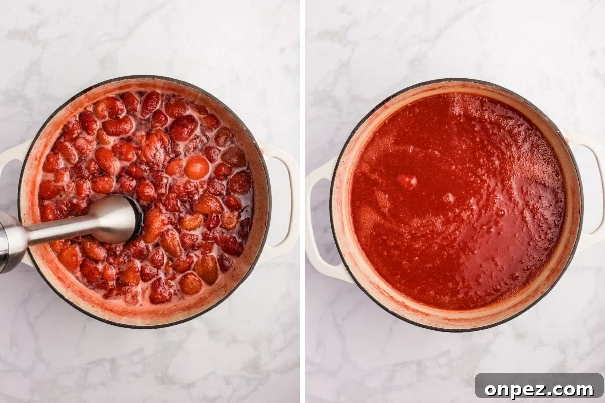 Homemade Strawberry Butter Canning Recipe and Tips 6 Two pots side by side showing strawberry mixture before and after blending.