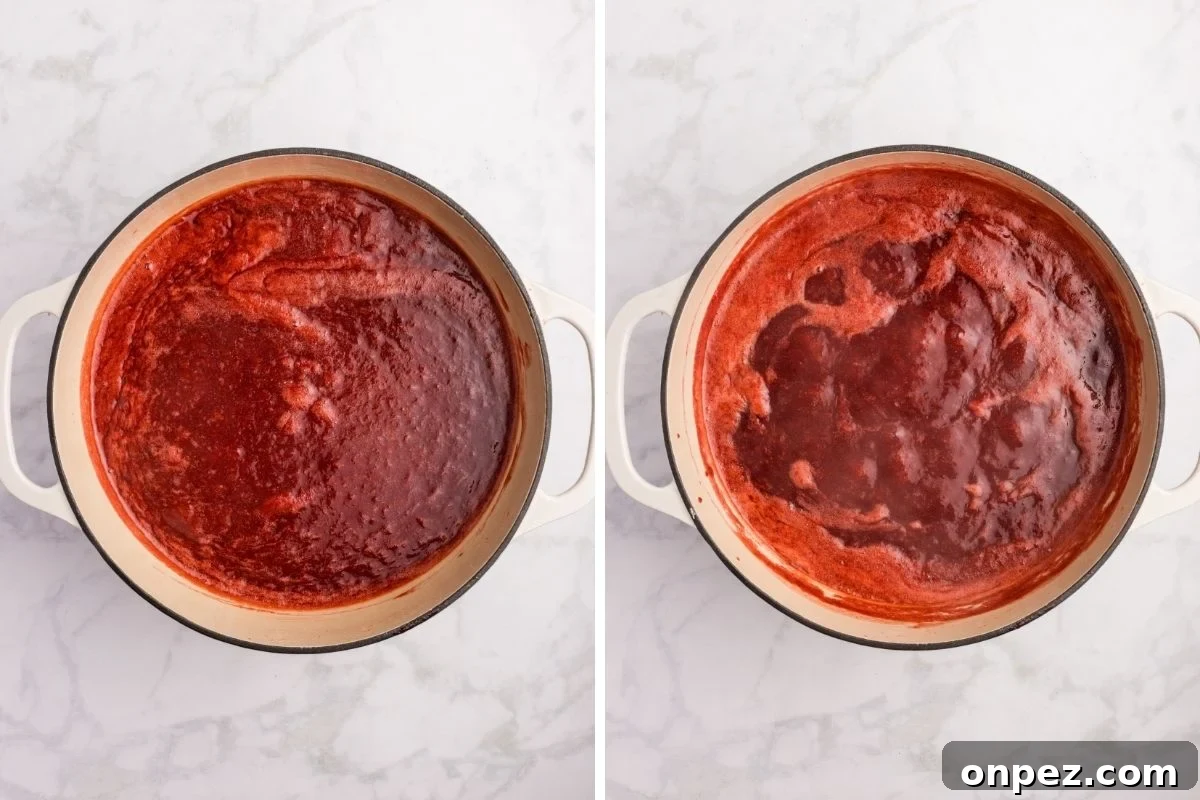 Homemade Strawberry Butter Canning Recipe and Tips 7 Two pots showing strawberry butter at early and late stages of cooking down.