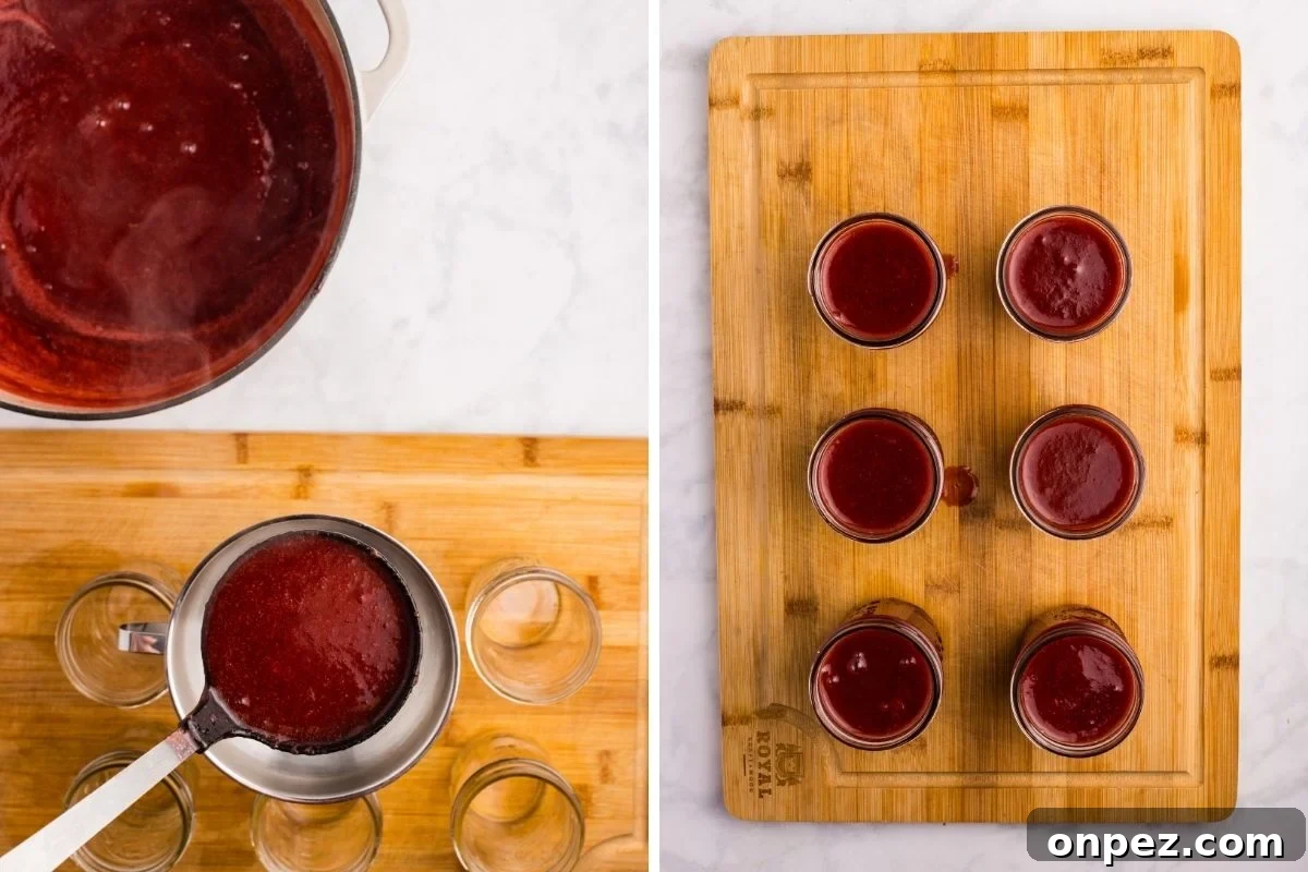 Homemade Strawberry Butter Canning Recipe and Tips 9 Ladling strawberry butter into jars and six filled jars on a cutting board.