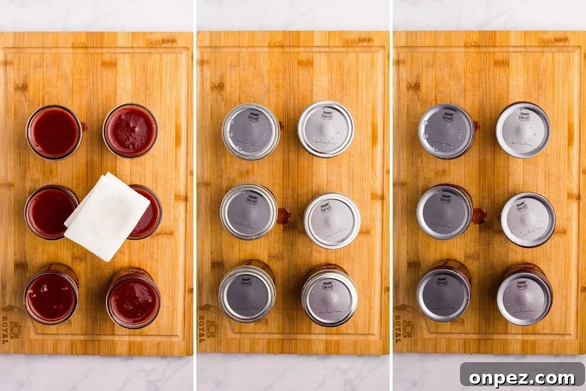 Homemade Strawberry Butter Canning Recipe and Tips 10 Three views showing wiping jar rims, adding lids, and screwing on rings.
