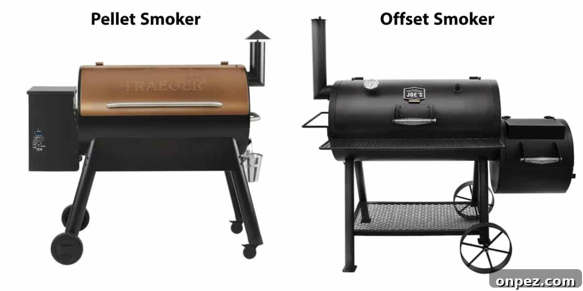 Budget Burnt Ends: Incredibly Tender Brisket Bites 5 a pellet smoker next to an offset smoker
