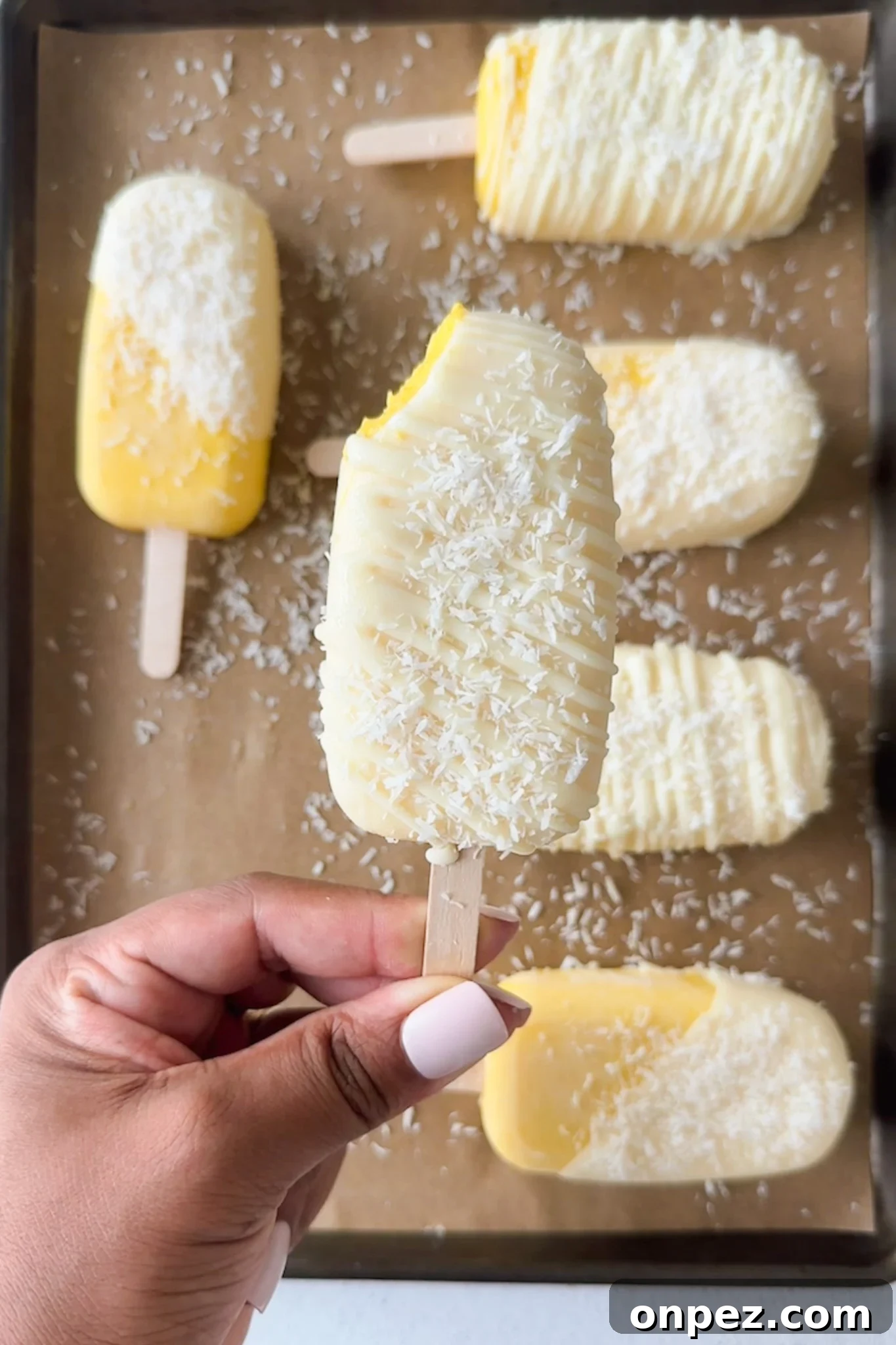 Mango coconut ice cream bars.