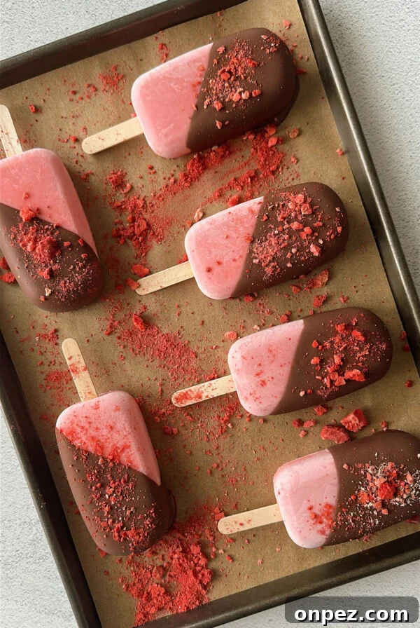 Frozen strawberry yogurt bars half dipped in chocolate.