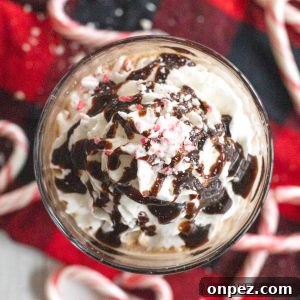 iced peppermint mocha recipe topped with whipped cream, chocolate sauce, and crushed candy canes close up