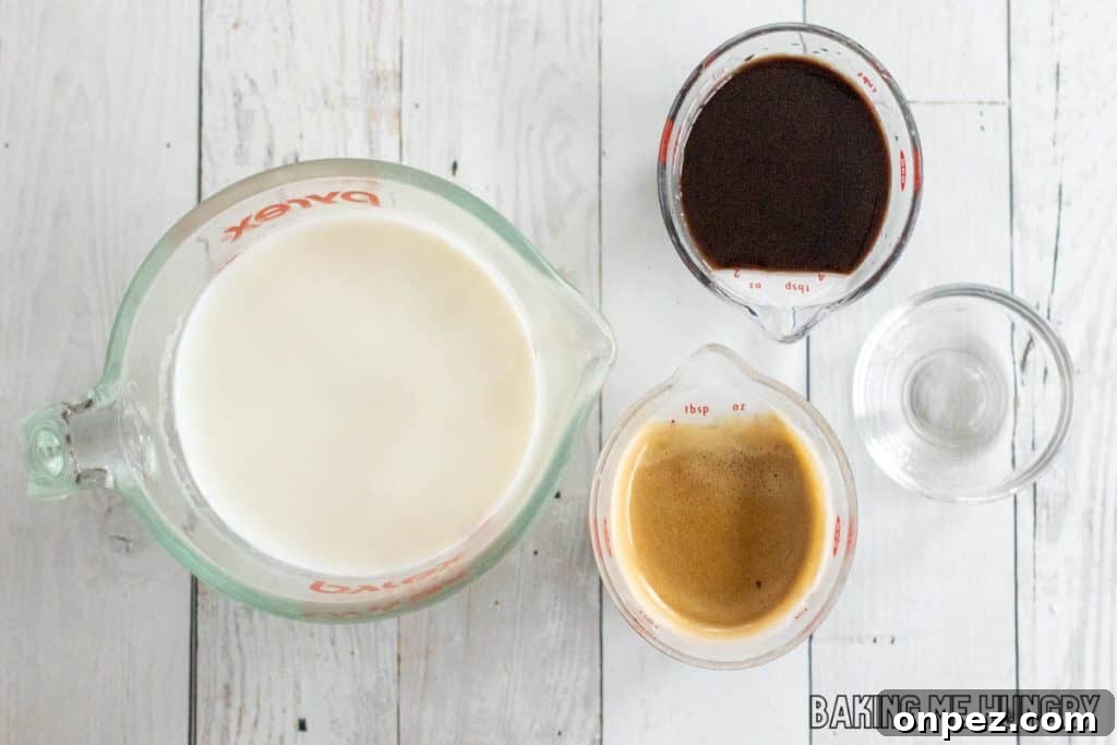 Iced Peppermint Mocha Recipe: Mint Chocolate Coffee 4 ingredients in small measuring cups