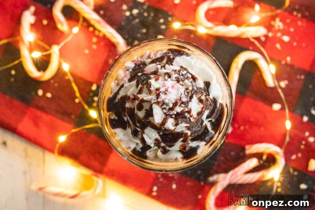 Iced Peppermint Mocha Recipe: Mint Chocolate Coffee 7 overhead shot of iced peppermint mocha in a tall glass with fairy lights behind