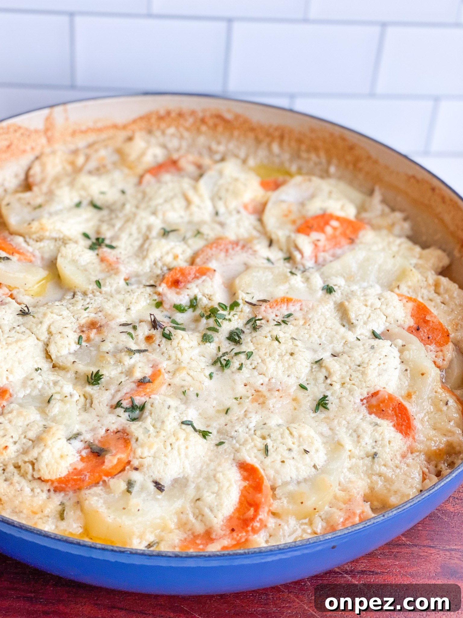 Finished scalloped Yukon Gold and sweet potatoes