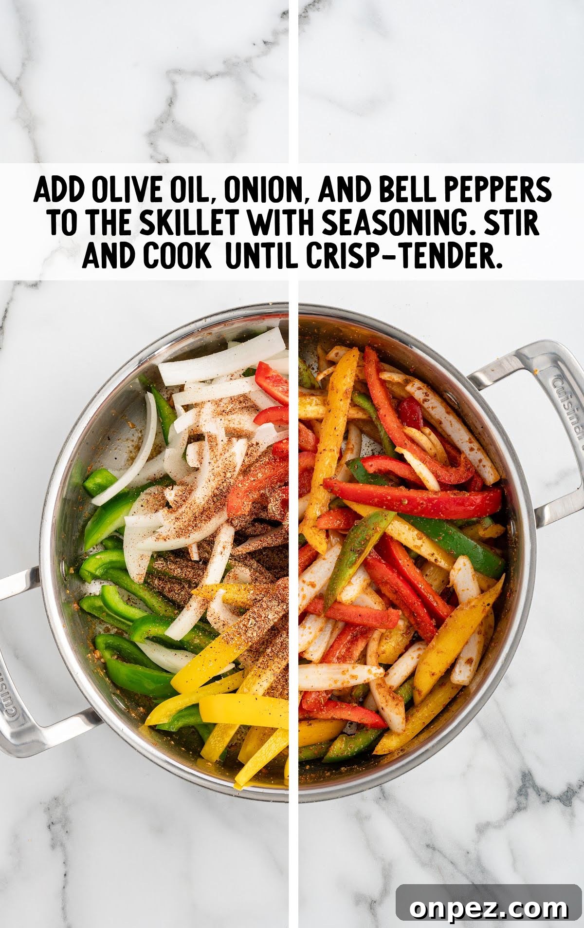 One-Pot Chicken Fajita Pasta Recipe 5 Split image showing raw and cooked bell peppers and onions.
