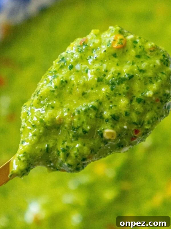 bright green sauce with flecks of cilantro and red pepper flakes on a spoon over a bowl of zhoug sauce