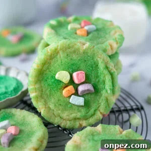 St Patricks Day Sugar Cookies with Festive Green Icing 11 stack of st patrick's day sugar cookies with colored cereal marshmallows