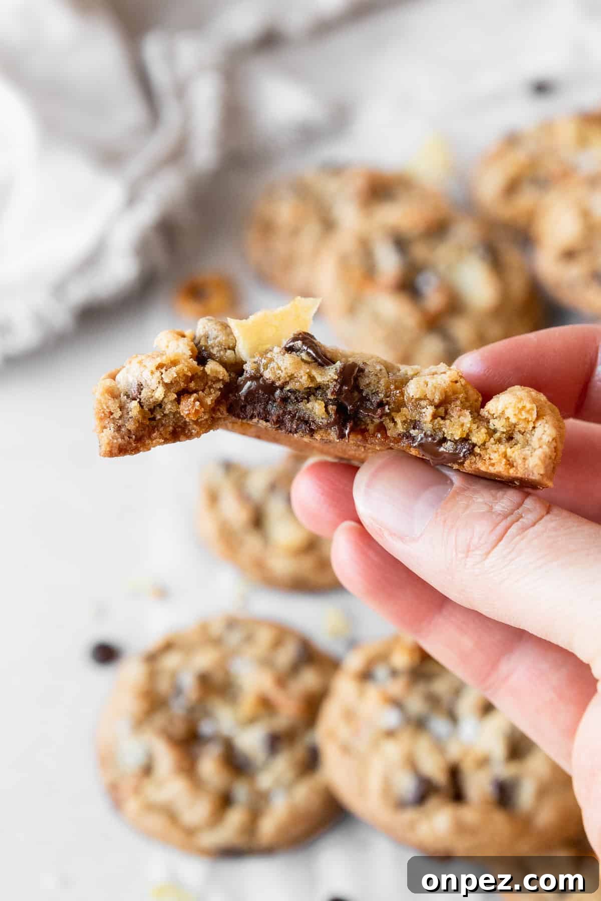 A hand holding a half eaten kitchen sink cookie.