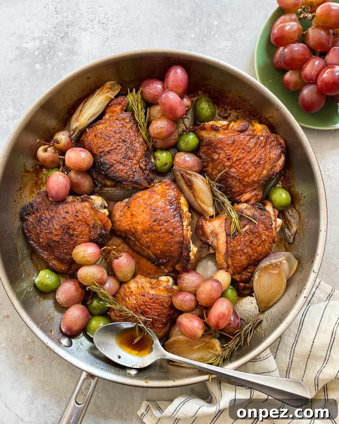 Pan-Roasted Chicken Thighs with Grapes & Sweet Potatoes 2 Pan-Roasted Chicken Thighs California Grapes Sweet Potatoes Primal Gourmet Easy Recipe