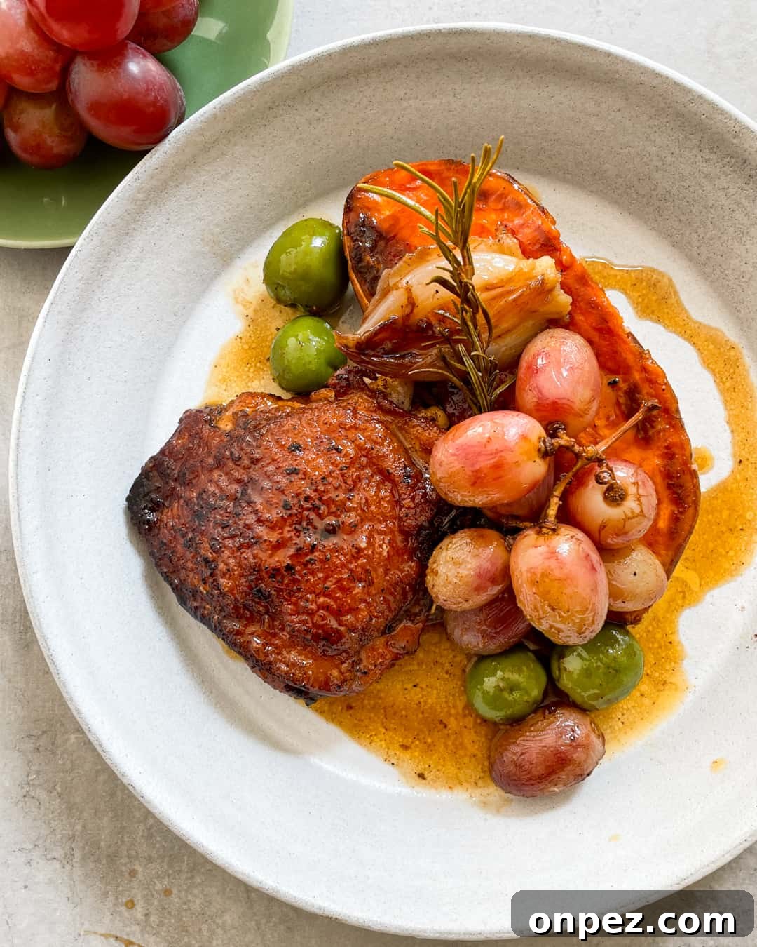 Pan-Roasted Chicken Thighs with Grapes & Sweet Potatoes 3 Pan-Roasted Chicken Thighs California Grapes Sweet Potatoes Primal Gourmet Easy Recipe