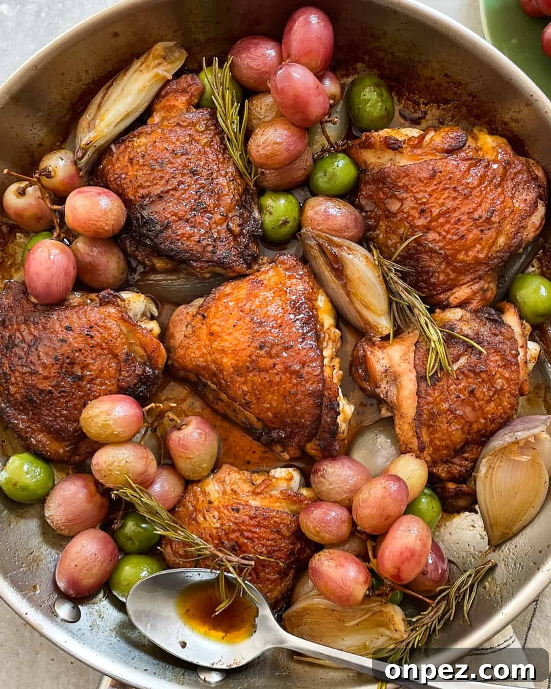 Pan-Roasted Chicken Thighs with Grapes & Sweet Potatoes 4 Pan-Roasted Chicken Thighs California Grapes Sweet Potatoes Primal Gourmet Easy Recipe