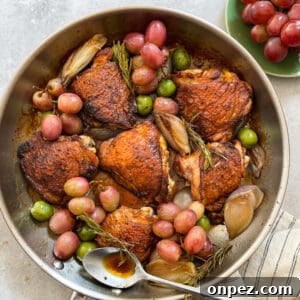 Pan-Roasted Chicken Thighs with Grapes & Sweet Potatoes 5 Pan-Roasted Chicken Thighs California Grapes Sweet Potatoes Primal Gourmet Easy Recipe