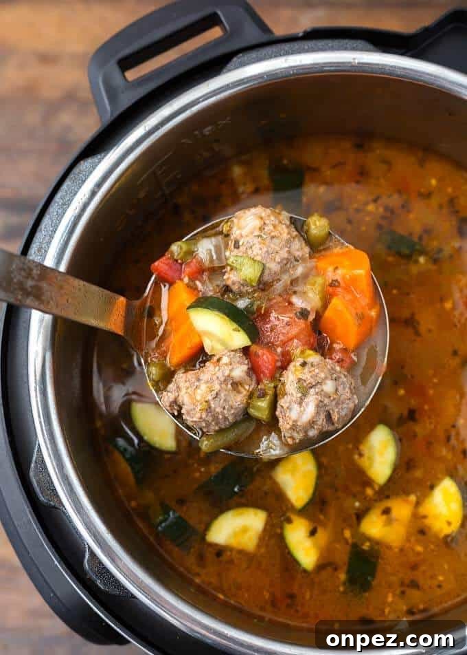 A ladle full of Albondigas Soup