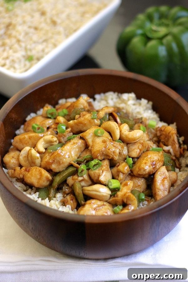 Healthy Cashew Chicken with Brown Rice served in a bowl
