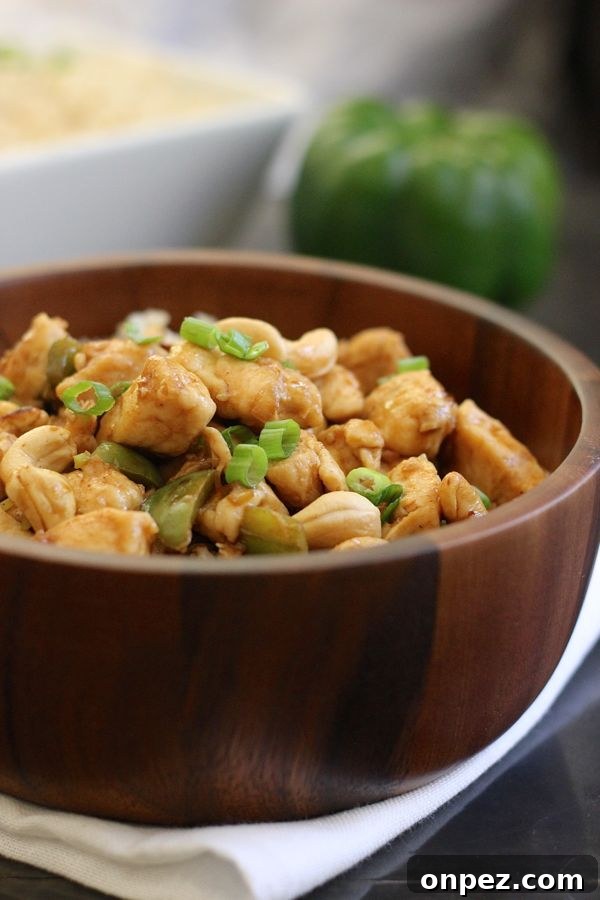 Homemade Healthy Cashew Chicken with Brown Rice in a serving bowl