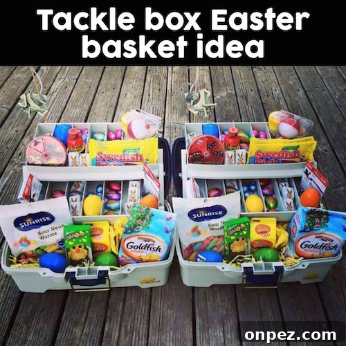 Tackle Box Easter Basket - great idea! Filled with gummy worms, goldfish crackers, Swedish fish, Easter candy, and plastic eggs in all the compartments. Throw in some actual bait/fishing supplies too! 