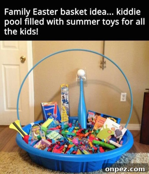 A family Easter basket idea - neat! Fill up a plastic pool with a bunch of stuff and use a hula hoop to make it look like a real basket.
