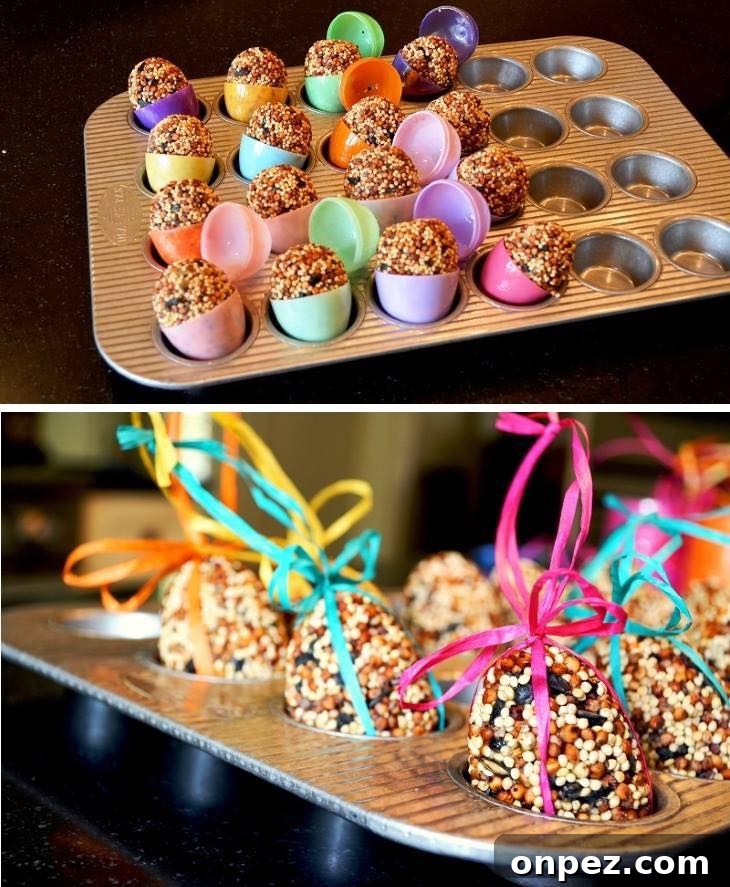 Easter Egg Birdseed Ornaments - Easter Egg birdseed ornaments to hang outside that say “welcome spring” to your birds. 