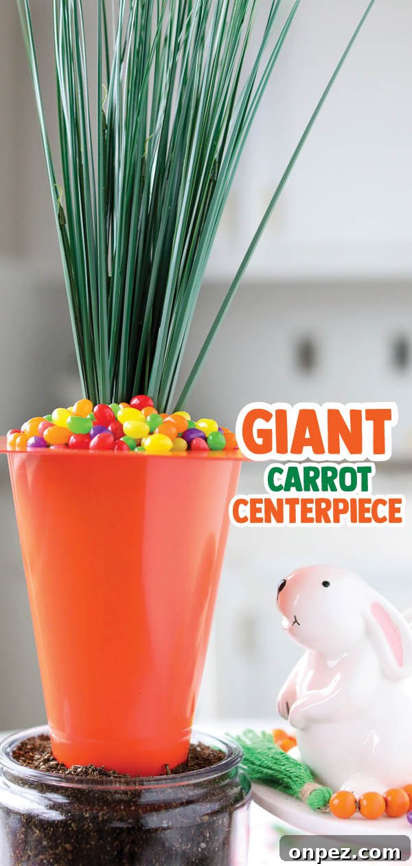 Use an orange playground cone to make a Giant Carrot Centerpiece for Easter! This dollar store centerpiece is filled with Jelly Beans!