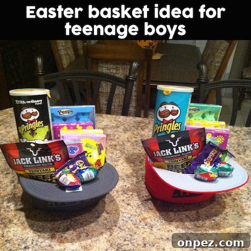 Great idea for older boys who no longer want to carry around Easter baskets! Fill up hats with some of their favorite snacks. Saving this....