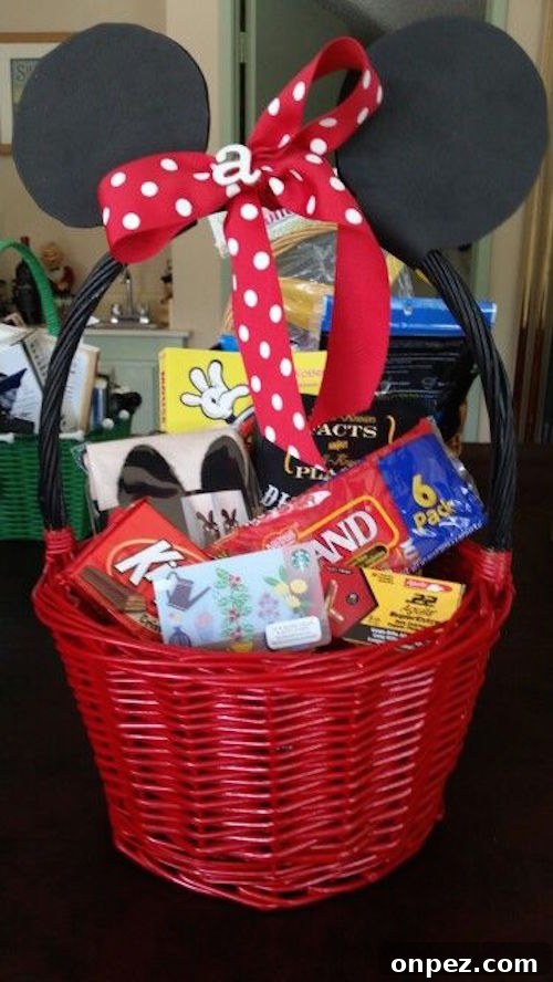 Use black and red spray paint, black craft foam, and red polka dot ribbon to make a Minnie (or Mickey) Easter basket. Great idea! 