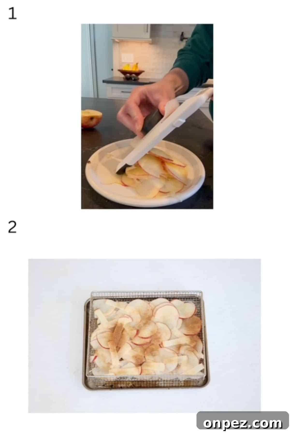 Two numbered images showing how to slice apples for air frying.