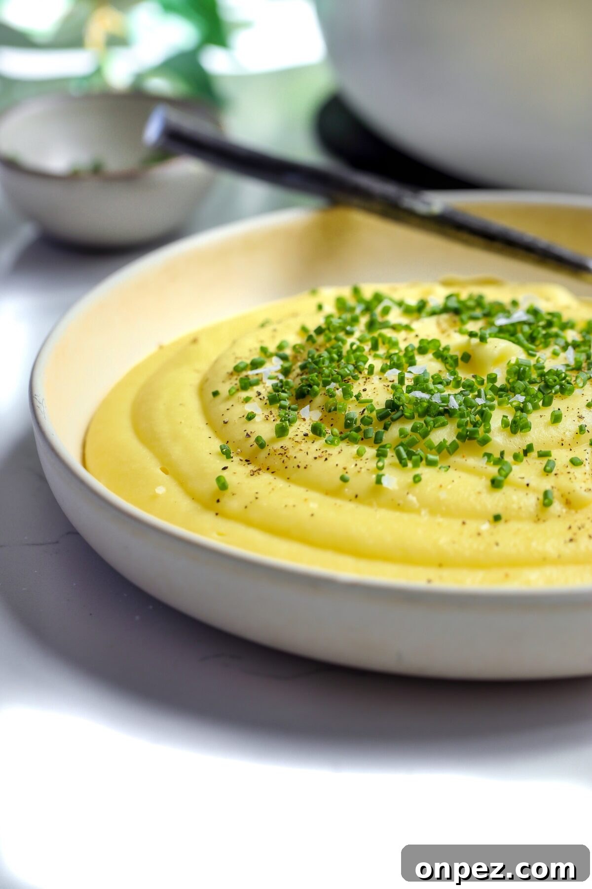 A beautiful creamy French potato puree sitting in a bowl topped with chives and flaky sea salt.
