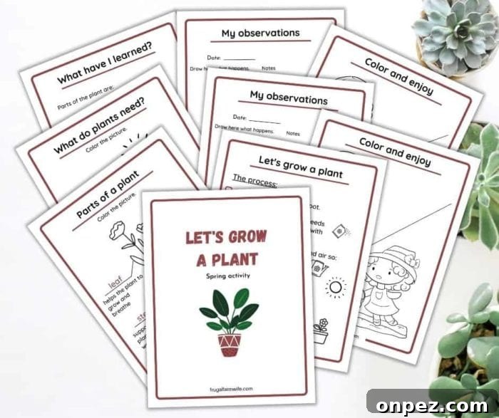 Printable Spring Garden Activities for Kids 4 Image shows several printables about growing plants for kids