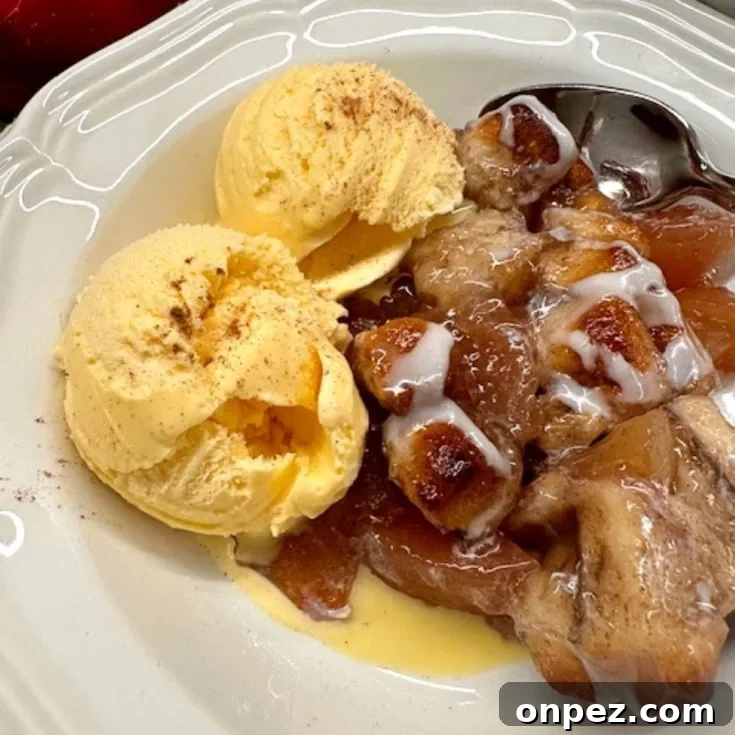 apple coffee cake served with two scoops of vanilla ice cream
