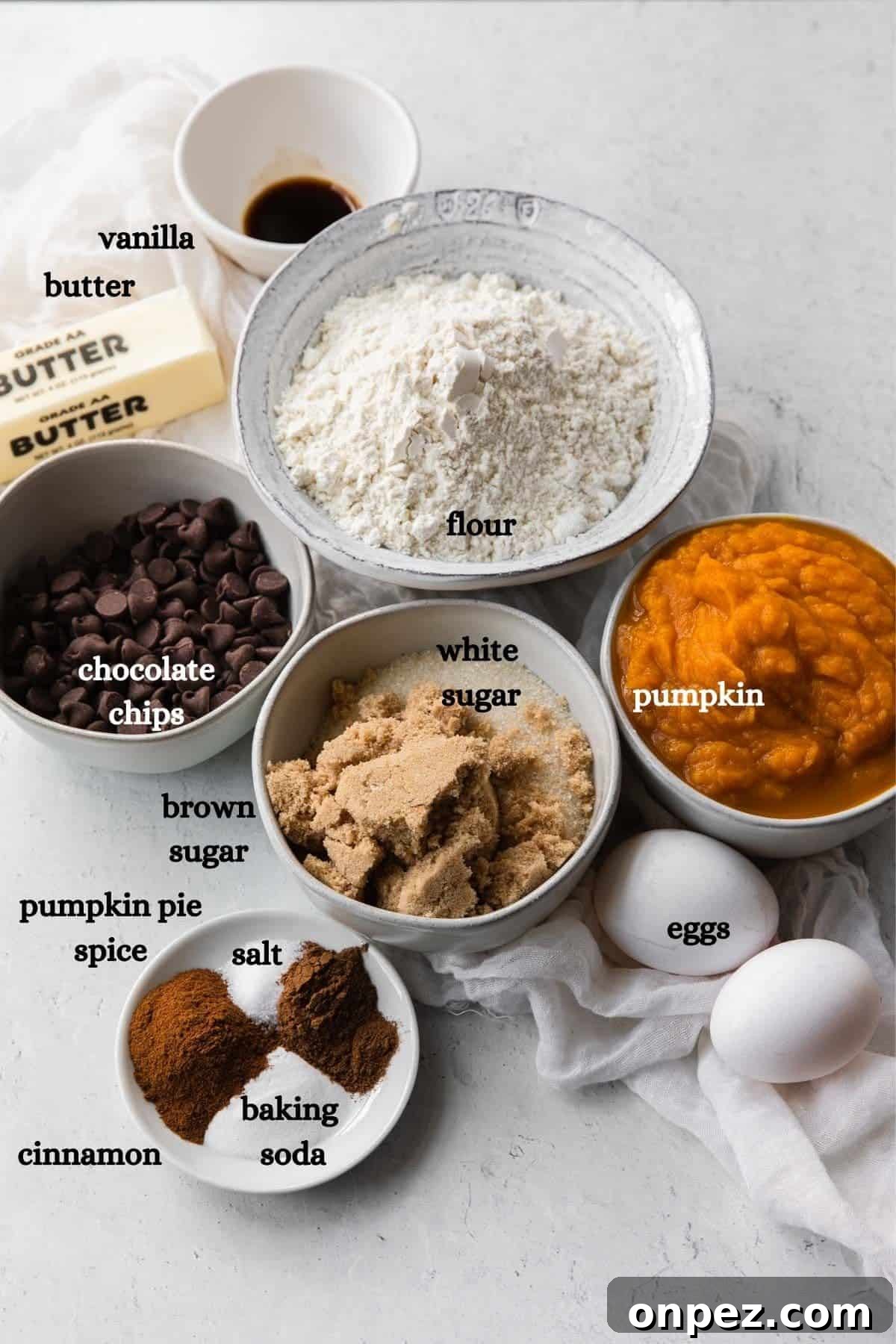 Pumpkin Chocolate Chip Muffins Recipe 3 Vanilla, butter, chocolate chips, flour, white sugar, brown sugar, pumpkin, pumpkin pie spice, salt, cinnamon, baking soda, eggs.