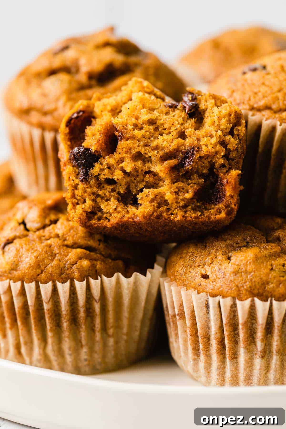 Pumpkin Chocolate Chip Muffins Recipe 6 A pumpkin muffin cut in half.